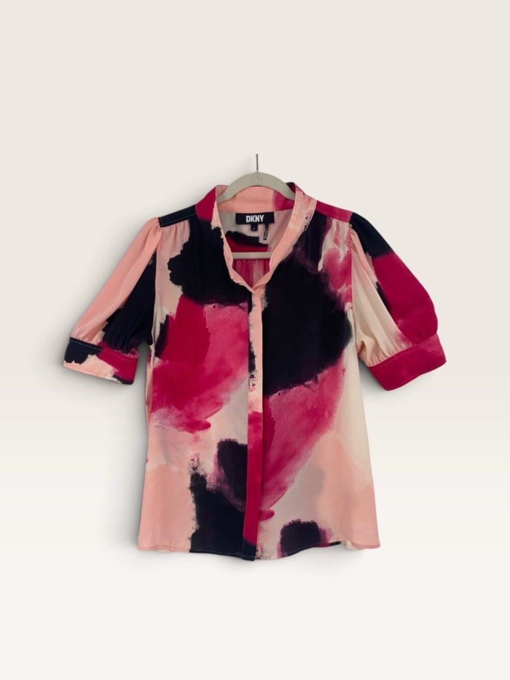 DKNY Mock Neck Size L Pink Black Abstract Puff Sleeve Blouse Button Front
